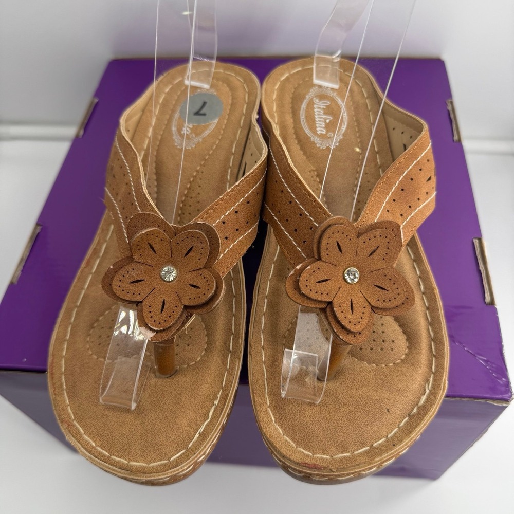 Italina Rhinestone Floral Wedge Sandals Comfort Footbed Brown 7